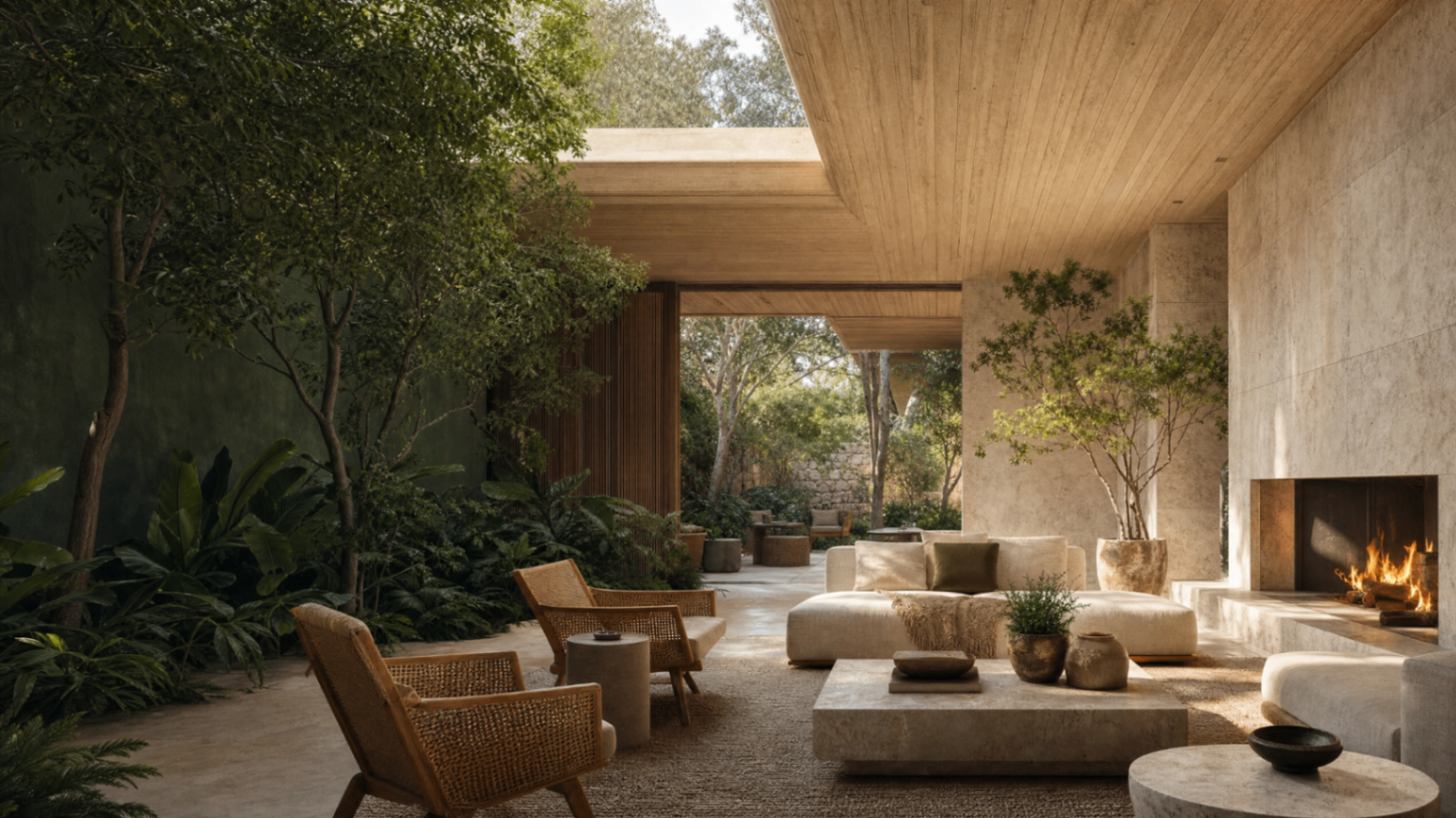 Biophilic eco-luxury interior with stone, timber and greenery